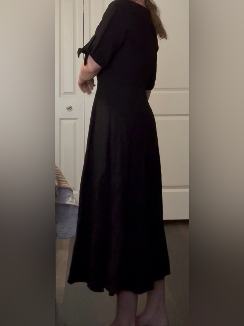 Ann Taylor Black Midi Dress with Tie Sleeves rayon and linen blend - Picture 6 of 9